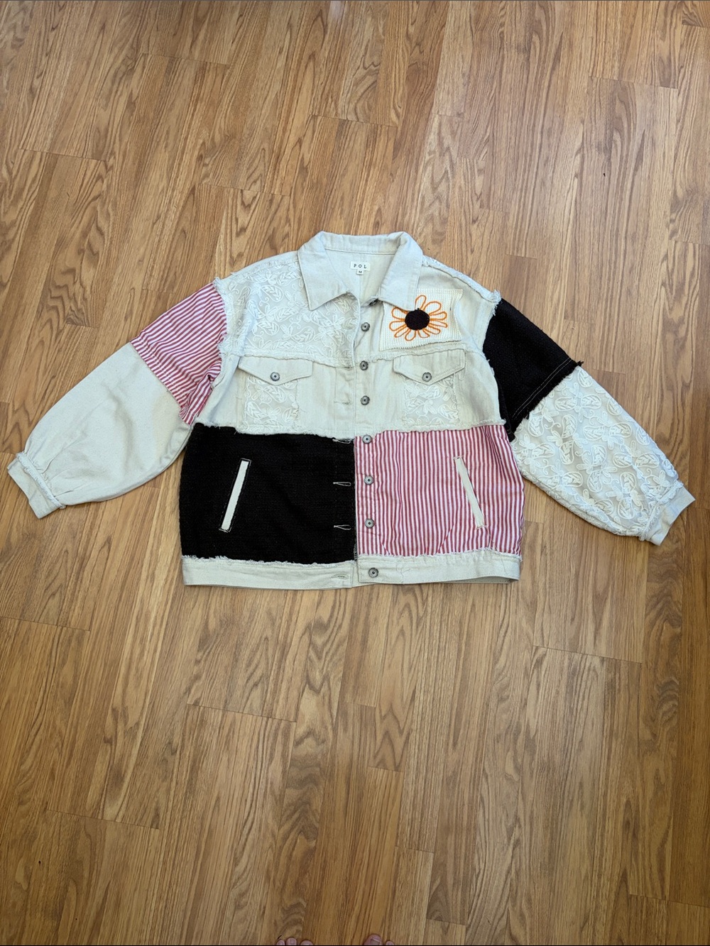 POL Patchwork Denim Jacket with Daisy Appliqué - Cream, Black & Pink